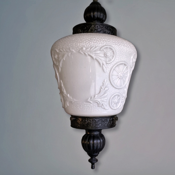 *SOLD*Antique embossed Milk Glass Hanging Swag Light Fixtures Victorian Old West - Picture 5 of 10